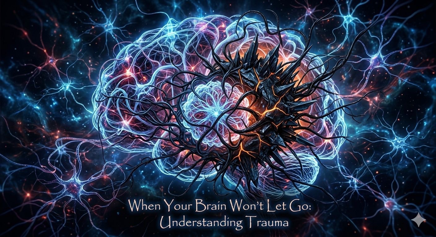 Surreal illustration of a glowing brain with electric blue nerves and a jagged black core, title reads 'When Your Brain Won't Let Go: Understanding Trauma'
