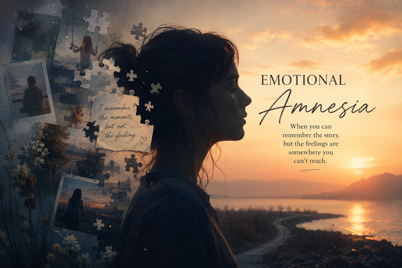 Profile of a woman at sunset with a collage of photos and puzzle pieces on the left, titled 'Emotional Amnesia' about memory and feelings fading.