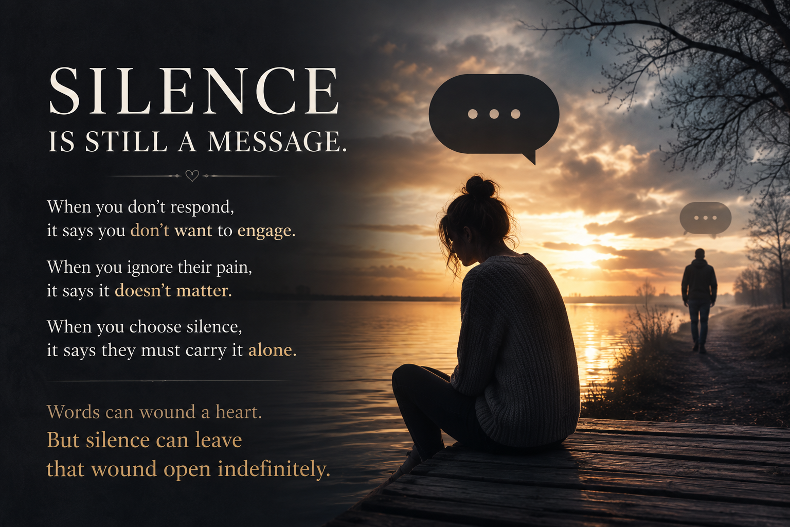 Quote about silence over a sunset by a lake; a woman sits on a dock while a man walks away, with speech bubbles indicating conversation.